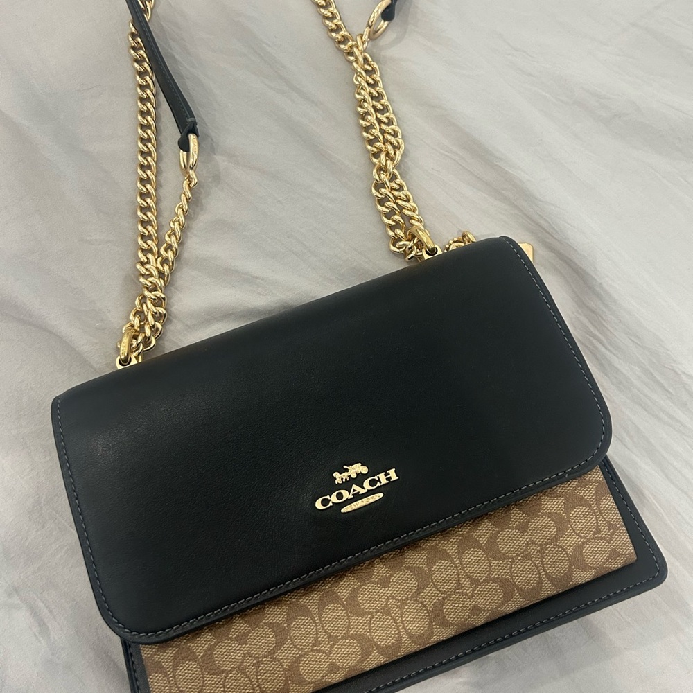 Coach Black and Tan Crossbody with Gold Chain